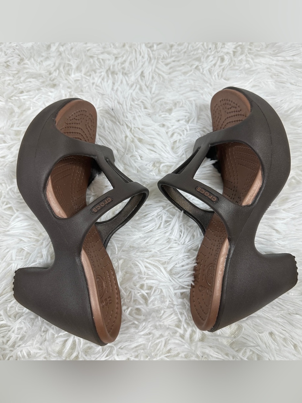 Crocs Sandals Cyprus II Womens Size 6 Brown Chunky Heels Slip-On Comfort Shoes - Picture 5 of 11